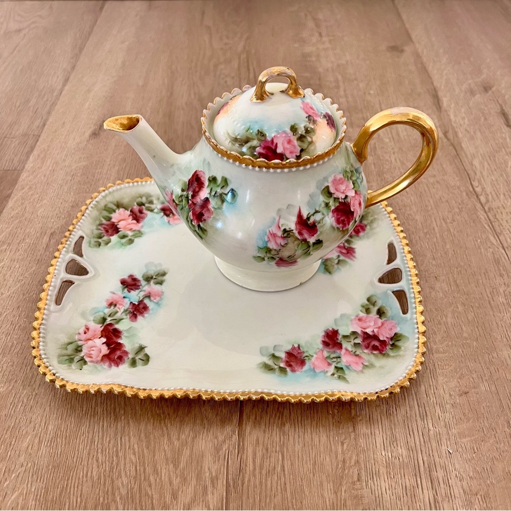 RARE P. K SILESIA GERMANY Teapot Pot & Plate Tray‎ Hand painted Signed Antique